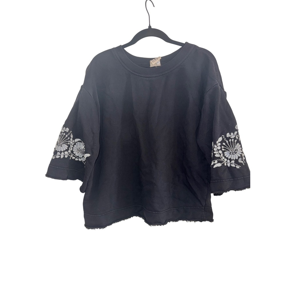 Sister Mary Black Embroidered Floral Sweatshirt Cotton Raw Hem Boxy Large